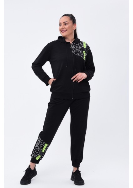 Kadın Büyük Beden Neon Bant Detaylı Yazılı Siyah Eşofman Takımı modelleri