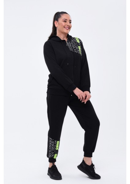 Kadın Büyük Beden Neon Bant Detaylı Yazılı Siyah Eşofman Takımı fırsatları