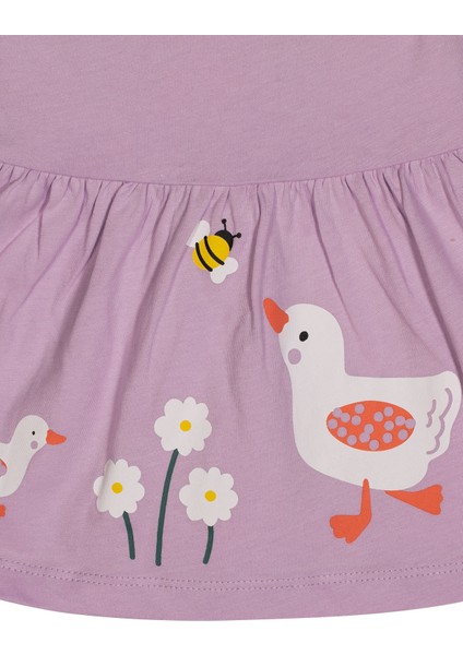 Kız Bebek Ördek Baskılı Kolları Fırfırlı Örme Elbise