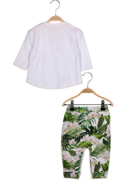 Kız Bebek Çiçek Baskılı Uzun Kollu T-Shirt ve Yaprak Baskılı Tek Alt Takım