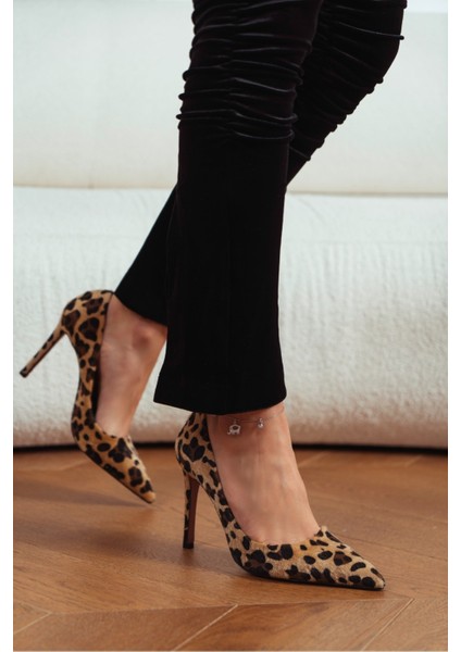 Vanessa Leopar Süet Sivri Burun Kadın Stiletto