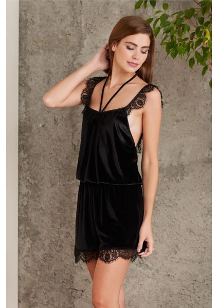 4800 Kadın Dantelli Kadife Tulum Sabahlık Takım-Siyah