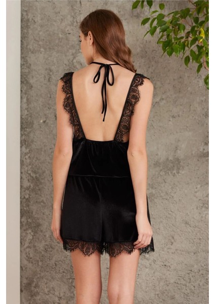 4800 Kadın Dantelli Kadife Tulum Sabahlık Takım-Siyah modelleri