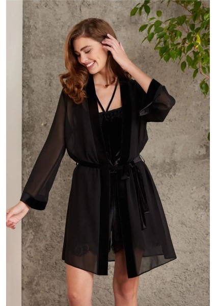 4800 Kadın Dantelli Kadife Tulum Sabahlık Takım-Siyah fırsatları