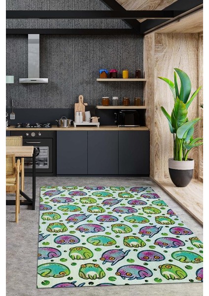 Kurbağa Mood Renkli Minimalist Mutfak Halısı Kurbağa Baskılı Özel Tasarım Halı