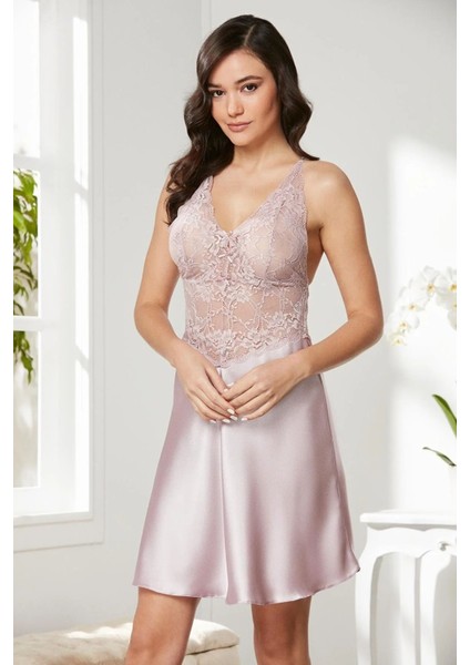 850 Kadın Saten Dantelli Gecelik-Rose