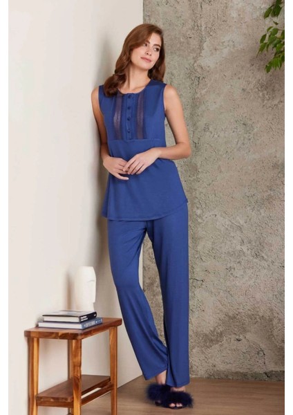 2800 Kadın Penye Dantelli Sabahlıklı Pijama Takım-Lacivert
