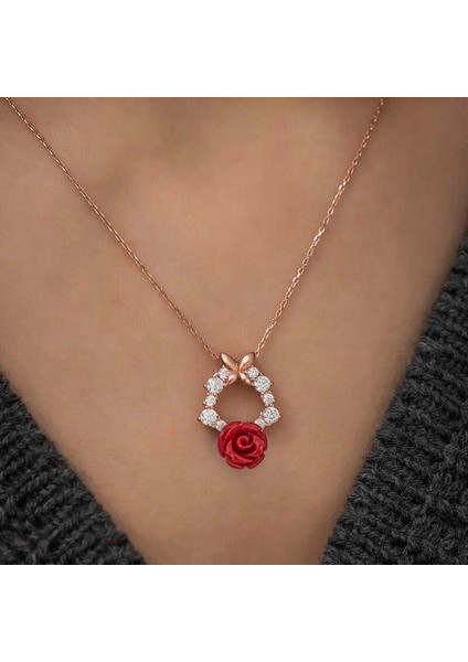 ​​Gümüş Rose Kırmızı Gül Kolye modelleri