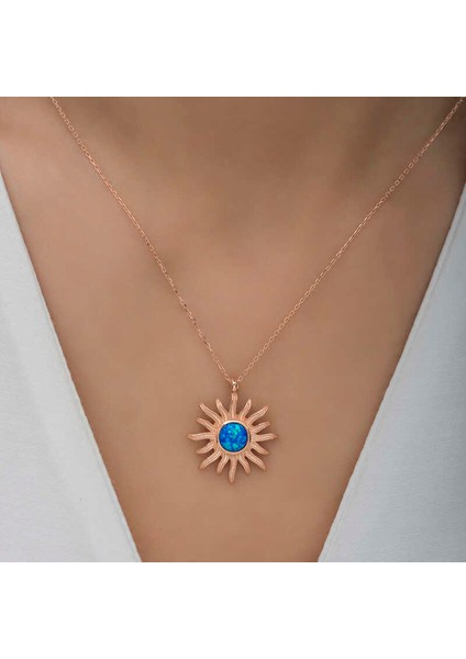 ​Gümüş Rose Mavi Opal Taşlı Güneş Kadın Kolye indirimleri