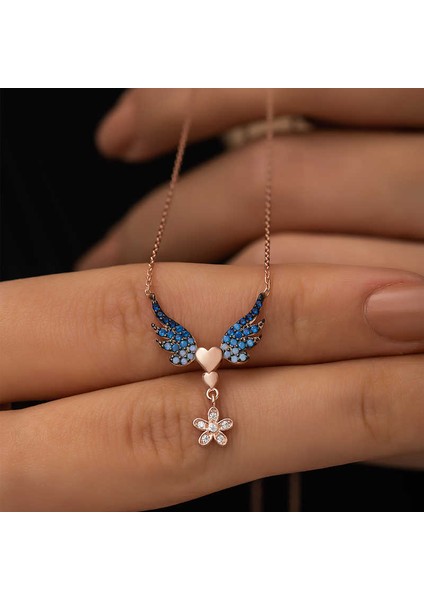 Gümüş Rose Çiçekli Kanatlı Kalpli Kolye modelleri
