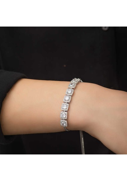 Gümüş Kare Baget Taşlı Asansörlü Bileklik fiyatları