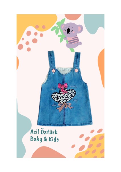 Kız Bebek Çocuk Kalp Kot Jile Zebra Desen ve Fiyonk Detaylı Jean Salopet Denim Elbise