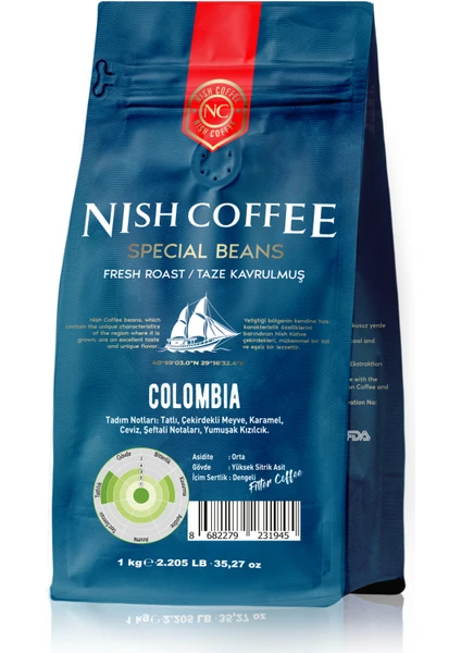 Nish Kahve Filtre Kahve Nish Özel Seri Colombia 1 Kg Çekirdek Kahve