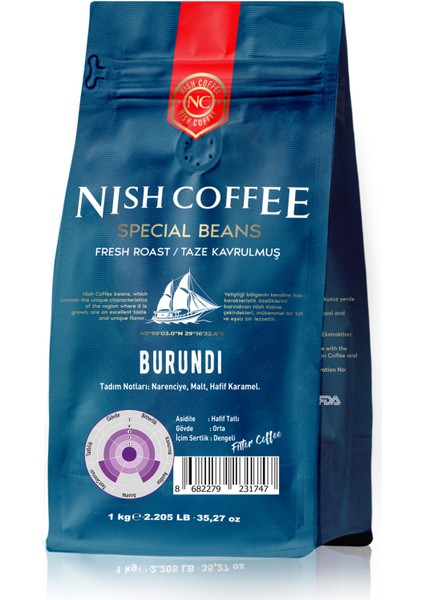 Filtre Kahve Nish Özel Seri Burundi 1 Kg Çekirdek Kahve