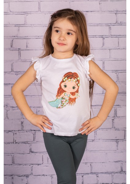 Kız Bebek Deniz Kızı Baskılı Beyaz Kolları Fırfırlı T-Shirt