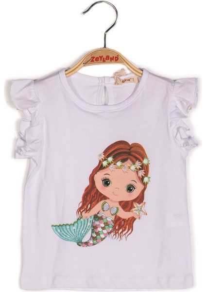 Kız Bebek Deniz Kızı Baskılı Beyaz Kolları Fırfırlı T-Shirt modelleri