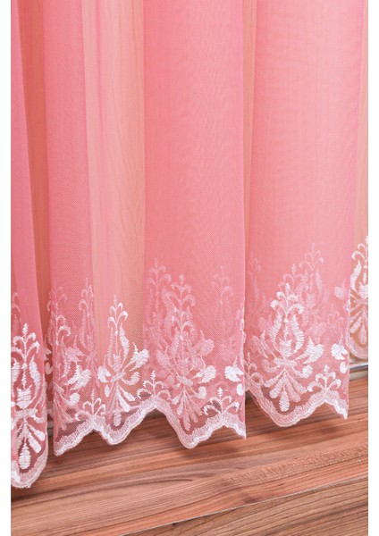 Degrade Renk Geçişli Pembe Etekleri Nakışlı Kruvaze Sık Pile Tül Perde modelleri