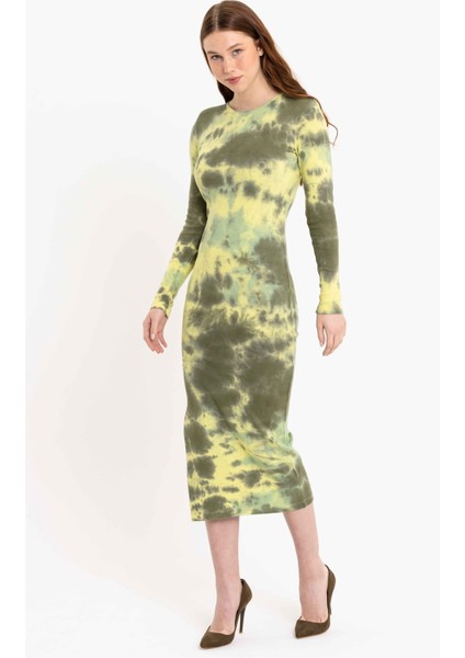 Batik Yıkamalı Yırtmaçlı Sarı Örme Elbise