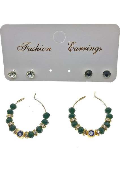 Altın Renk Yeşil Boncuk Şık Sallantılı El Işi Kombin Küpe - 2237