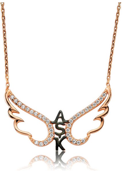 Gümüş Rose Aşk Yazılı Melek Kanadı Kadın Kolye