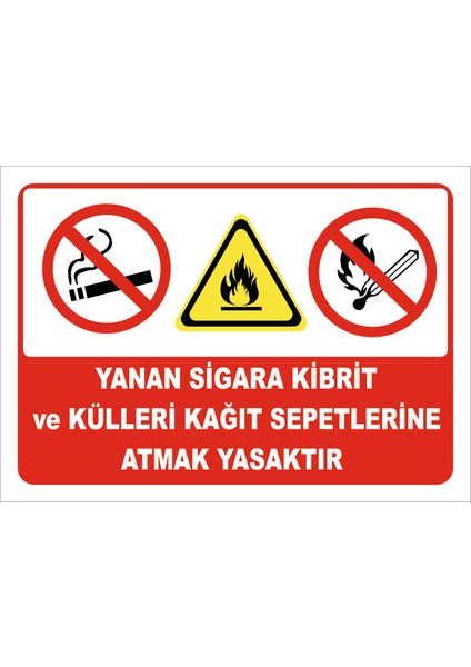 Yanan Sigara Kibrit ve Külleri Kağıt Sepetlerine Atmak Yasaktır Levhası