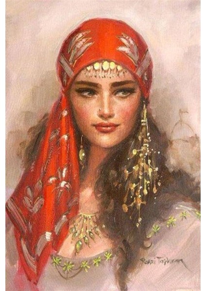 Kirmizi Yazmali Kadin 40 x 60 Elmas Mozaik Tablo