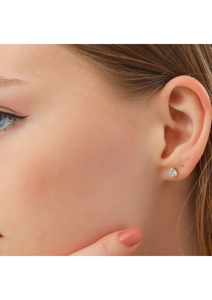 Kadın 14 Ayar Altın Küpe Minimalist Zirkon Taşlı Modern Vidalı Altın Küpe 15 mm