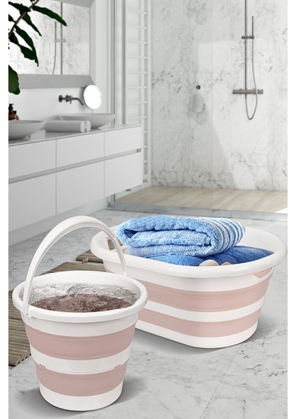 2'li Set Katlanabilir Çamaşır Sepeti Katlanabilir Akordiyon Su Kovası Temizlik Seti Pembe