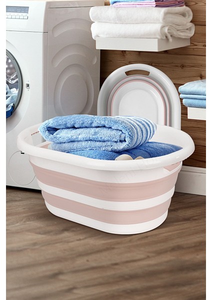 Katlanabilir Silikon Çamaşır Sepeti Yeni Nesil - Akordiyon Katlanır Çamaşır Selesi Pembe