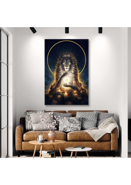 Gold Daire Önünde Altın Saçlı Aslan Ilüstrasyonu Kanvas Tablo