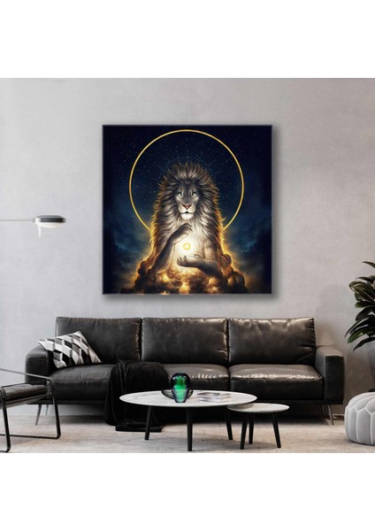 Gold Daire Önünde Altın Saçlı Aslan Ilüstrasyonu Kanvas Tablo