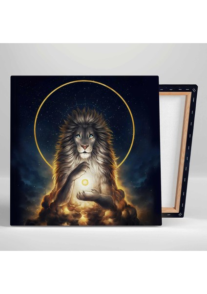 Gold Daire Önünde Altın Saçlı Aslan Ilüstrasyonu Kanvas Tablo