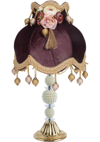 Kahverengi Kadife Kaplı Çiçek Dekorlu Yatak Odası Vintage Abajur AB0338