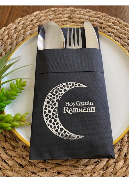 Gümüş Yaldızlı Siyah Hoş Geldin Ramazan Ay Desenli Cepli Peçete 12 Li 40X40