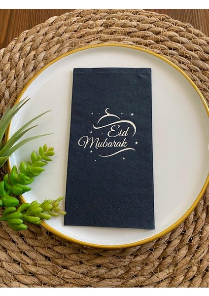 Gümüş Yaldızlı Siyah Eid Mubarak Peçete 16 Adet