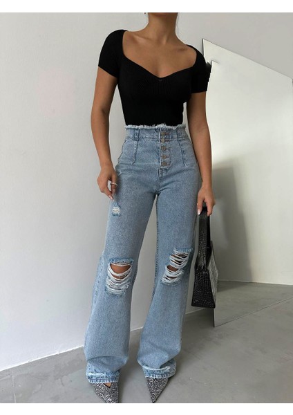 Kadın Mavi Yüksel Bel Önü Yırtık Detaylı Jean Denim Pantolon fiyatları
