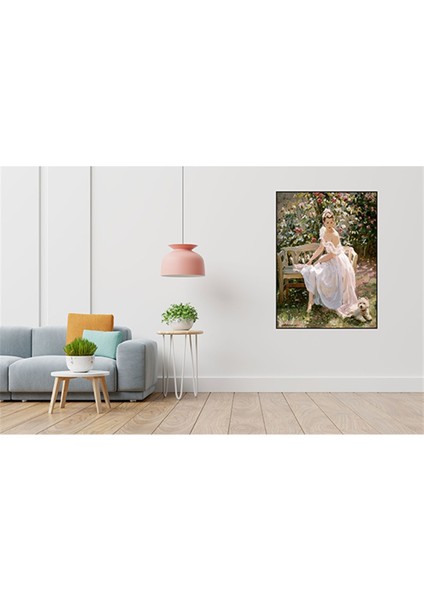 Beyaz Elbiseli Kadin ve Kopegi 40 x 50 Elmas Mozaik Tablo