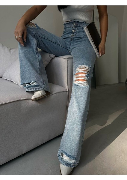 Kadın Mavi Yüksel Bel Önü Yırtık Detaylı Jean Denim Pantolon