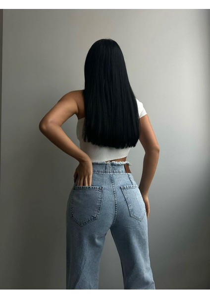 Kadın Mavi Yüksel Bel Önü Yırtık Detaylı Jean Denim Pantolon indirimleri