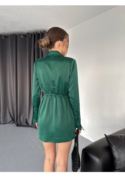 Kadın Yeşil Derin Dekolteli V Yaka Saten Mini Elbise