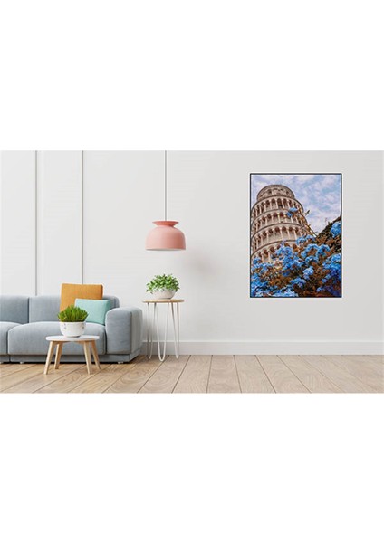 Mavi Cicekler Ve Pisa Kulesi 40 x 60 Elmas Mozaik Tablo