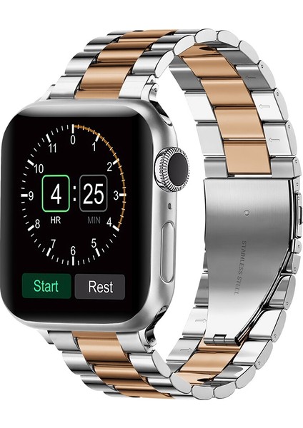 Apple Watch Seri 8 41 mm Uyumlu Baklalı Çelik Kordon Gümüş - Rose