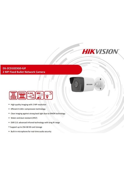 Hıkvısıon DS-2CD1023G0-IUF 2mp Bullet Ip Kamera 2.8mm Dahili Mikrofonlu