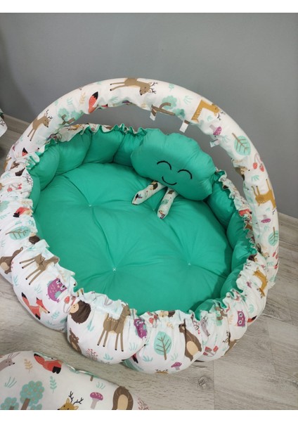 Babynest Sepeti Sevimli Hayvanlar Desen, Koyu Mint Yeşil Kombin Orijinal Uyku Babynest Seti