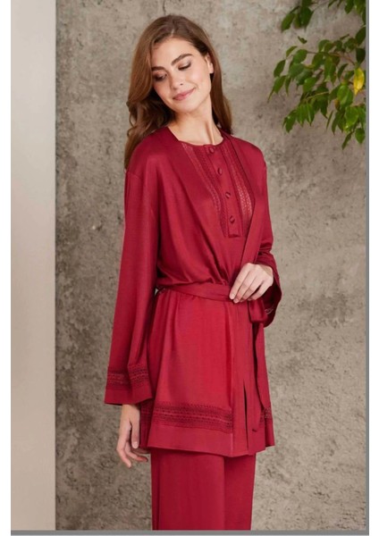 2800 Kadın Penye Dantelli Sabahlıklı Pijama Takım-Bordo fiyatları