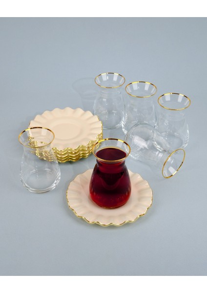 Solid Krem Wavy 12 Parça 6 Kişilik Altın Yaldızlı Cam Çay Takımı