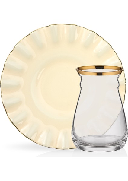 Solid Krem Wavy 12 Parça 6 Kişilik Altın Yaldızlı Cam Çay Takımı fiyatları