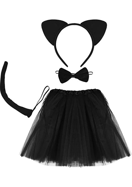 Kedi Eteği Tacı Kuyruğu ve Papyon Seti Siyah Renk Çocuk Boy modelleri