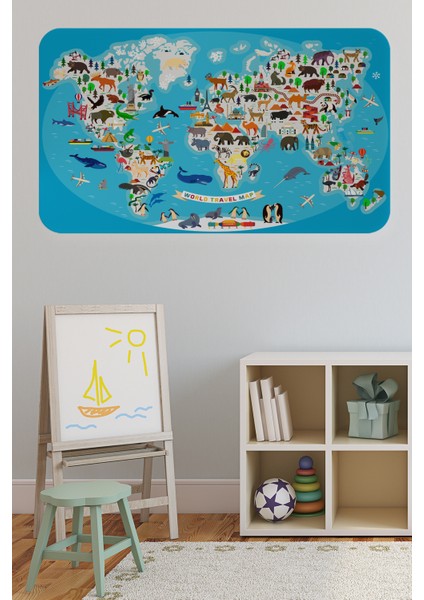 Eğitici Dünya Haritası Dünya Atlası Çocuk ve Bebek Odası Duvar Sticker 3788XL