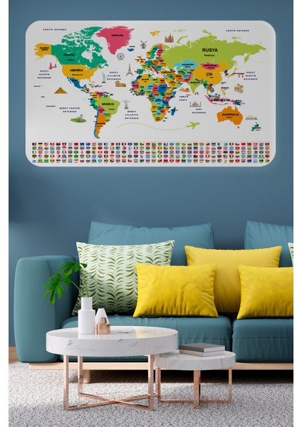 Türkçe Ülke Bayrak Lı Eğitici Başkent Detaylı Atlası Dünya Haritası Duvar Sticker 3860XL